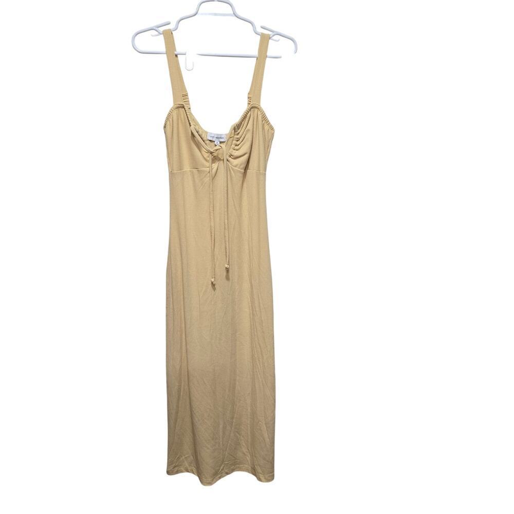 Lost + Wander Yellow Ribbed Tie Front Midi Dress Medium